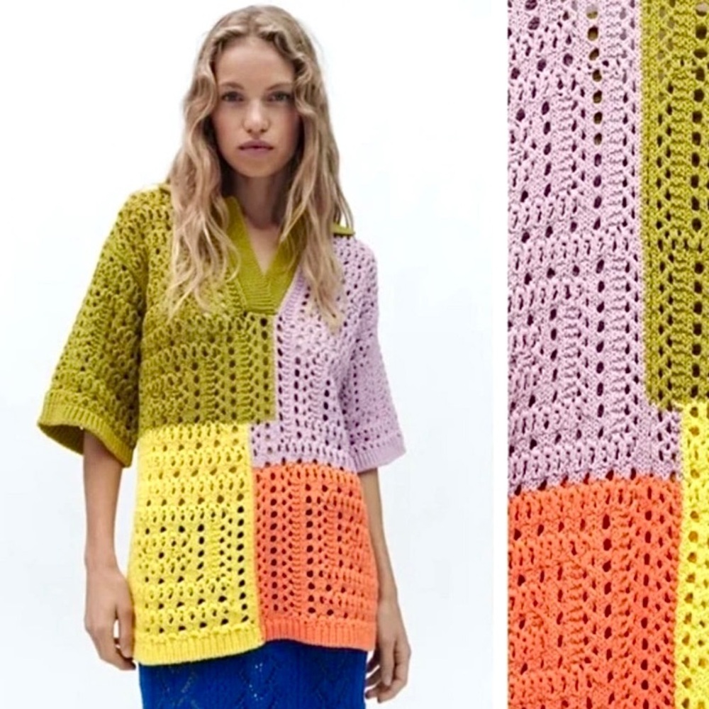 NEW Zara Oversized Chunky Knit Colorblock Crochet Polo Sweater Top SM MED NWOT